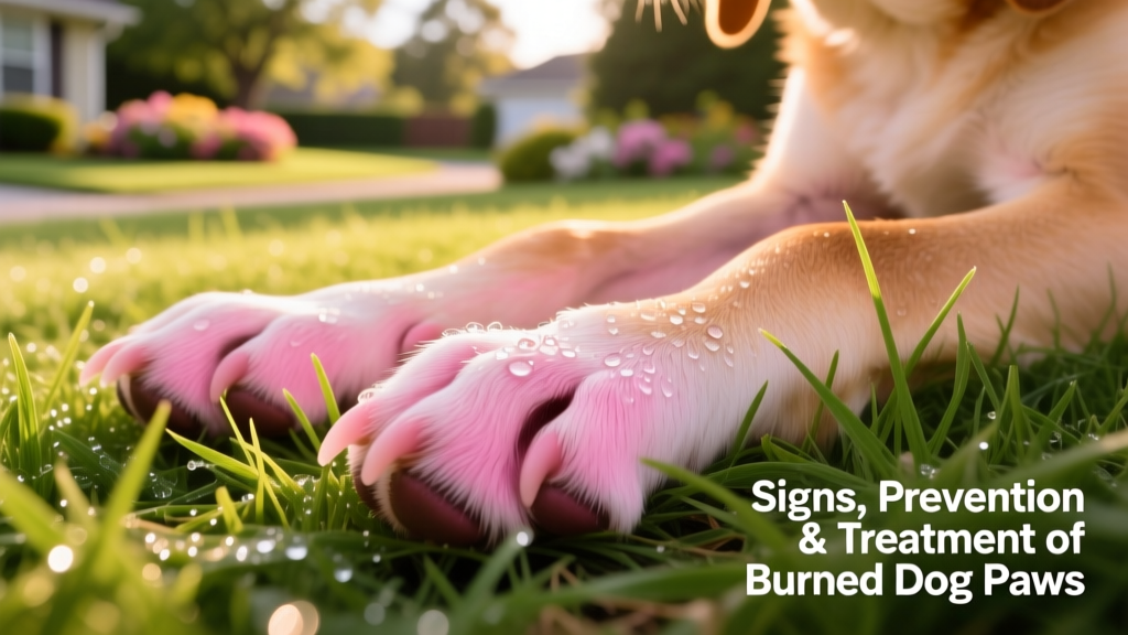 Close-up of a dog's healthy pink paw pads on cool grass