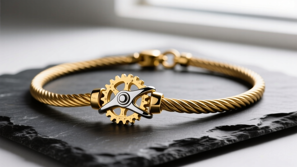Close-up of a Fred Force 18k yellow gold and steel cable necklace resting on dark slate, highlighting the nautical winch clasp.