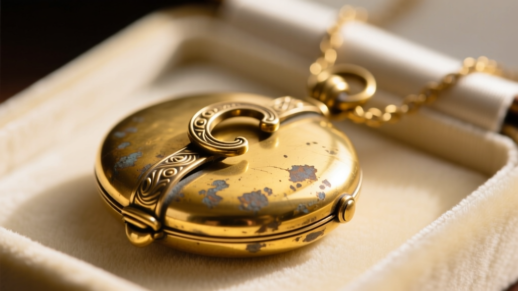 Macro shot of an antique Victorian C-clasp on a yellow gold mourning locket necklace, highlighting authentic age and metal patina.