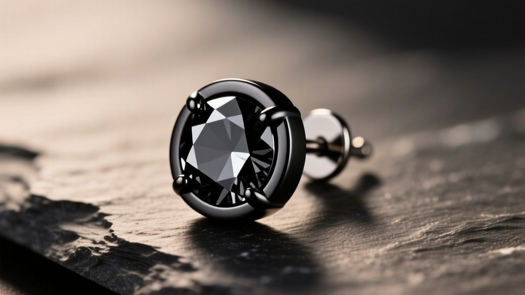Macro shot of a 14-gauge black PVD titanium stud earring with a faceted black spinel gemstone resting on dark slate.