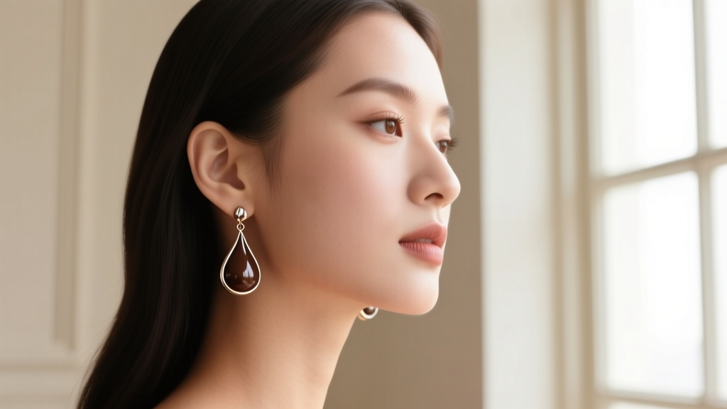 Side profile of a woman wearing delicate Hershey Kisses drop earrings, showing how the teardrop shape flatters her jawline