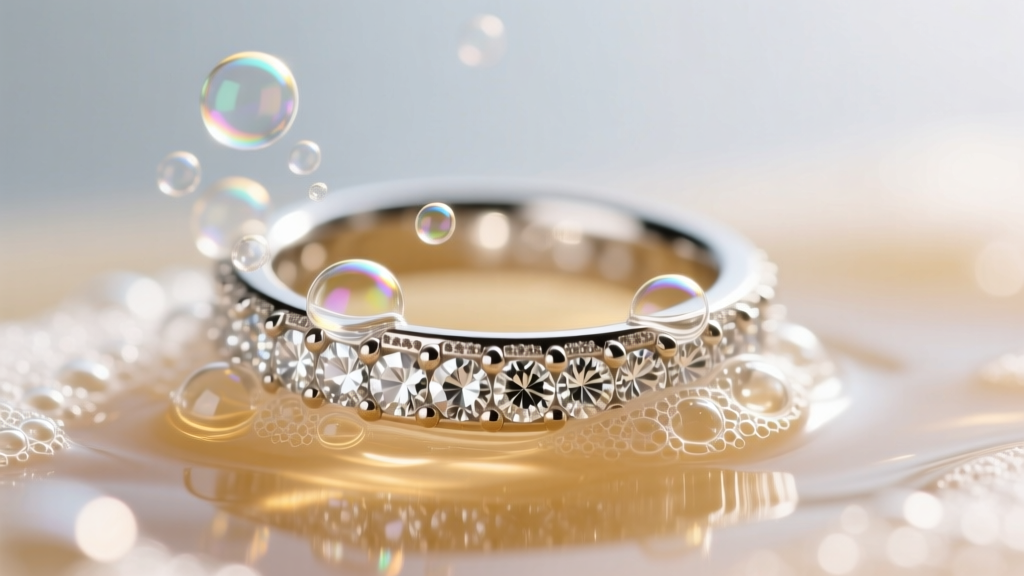 Macro shot of cavitation bubbles forming around a dirty 14k white gold diamond pavé ring submerged in warm soapy cleaning solution