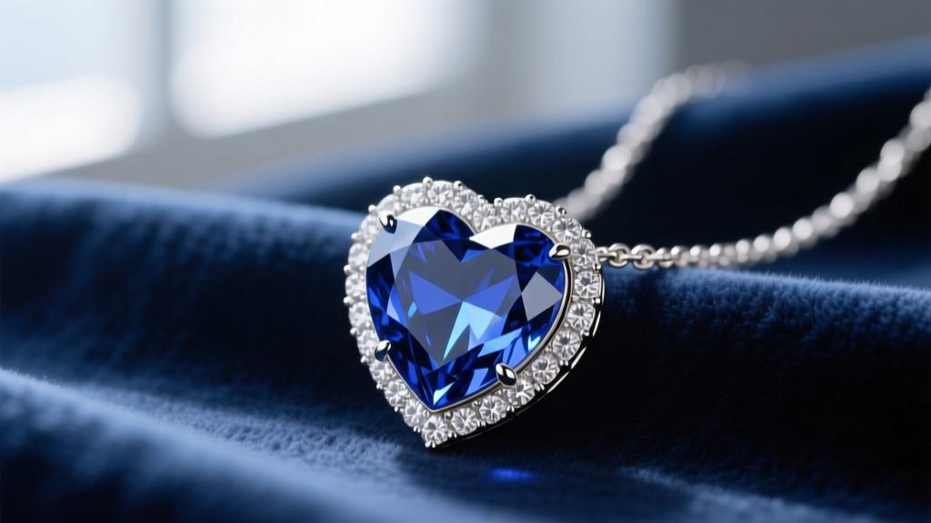 Close-up of a heart-shaped tanzanite pendant surrounded by cubic zirconia on a white gold chain, resting on dark blue velvet