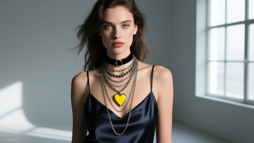 Woman wearing layered 90s grunge necklaces including a choker and the yellowjackets heart pendant over a dark silk slip dress.
