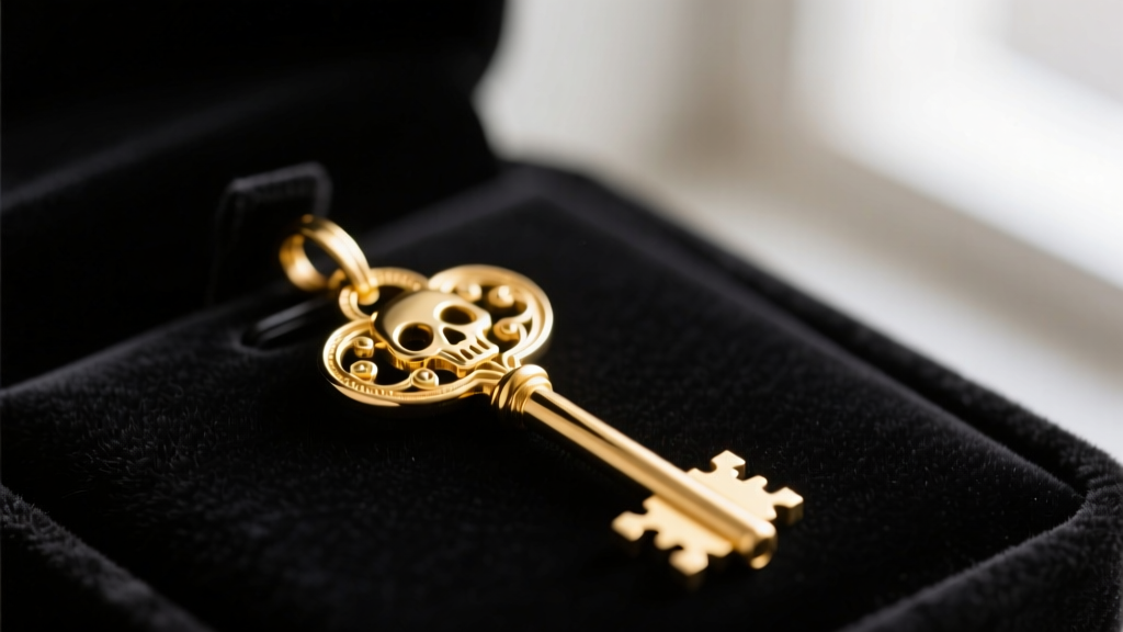 14k gold skeleton key pendant on black velvet, softly lit to emphasize the intricate cuts of the key bit and ornate bow design.