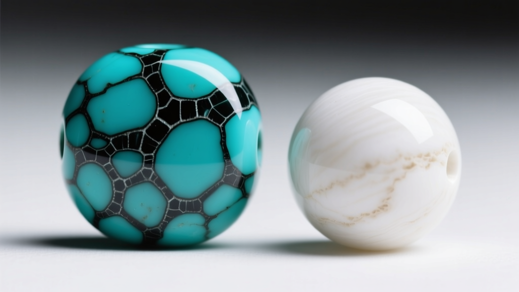 Macro photo of genuine stabilized turquoise beads showing natural black matrix webbing next to a plain white dyed howlite bead.