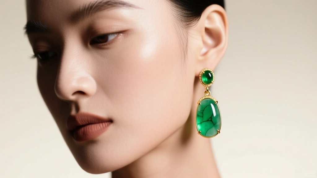Close-up of a model wearing 14k gold drop jade earrings featuring translucent green jadeite briolettes in soft studio lighting.