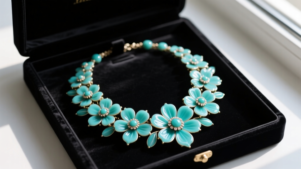 Large vintage-style floral necklace with turquoise resin petals laid out inside a dark velvet anti-tarnish jewelry storage box.