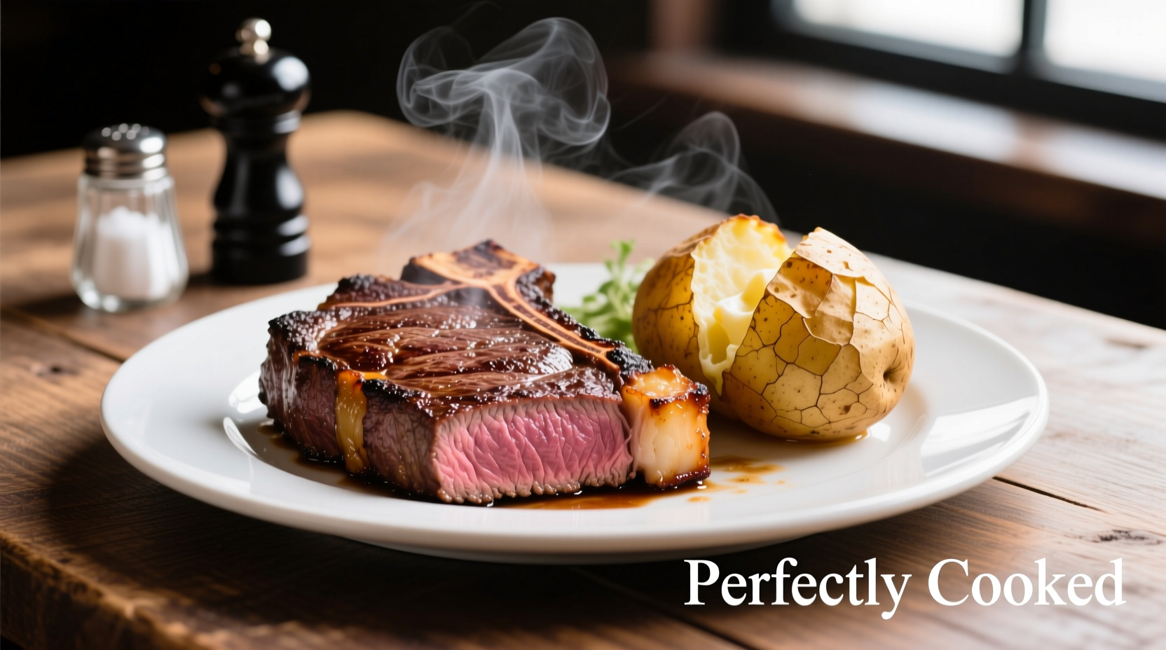 Perfectly cooked steak with golden baked potato