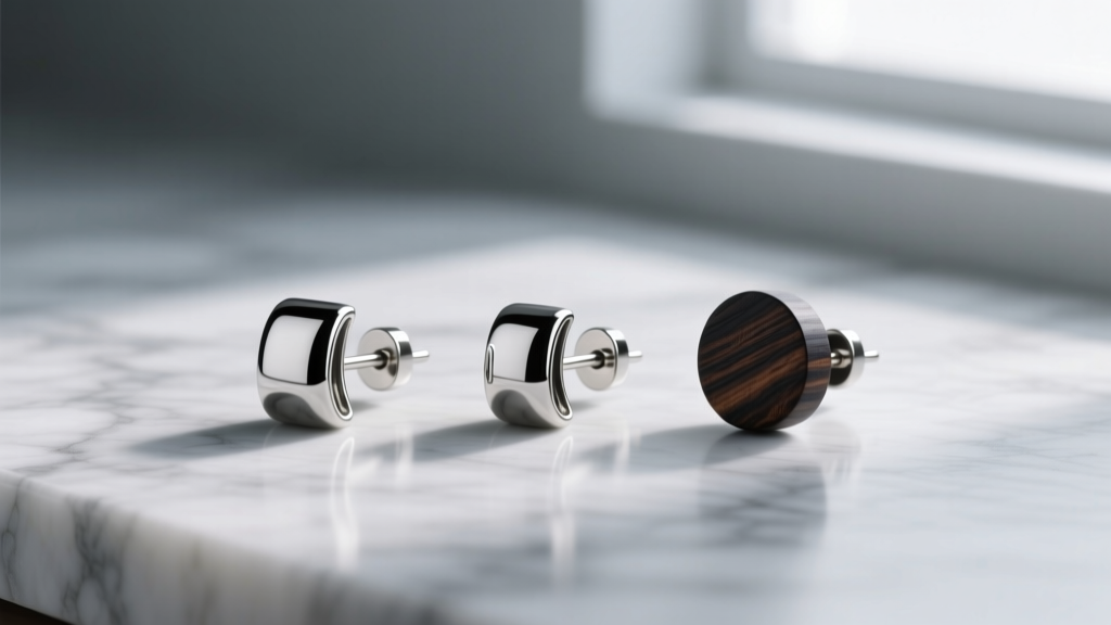 Macro photography of three thick earring posts side-by-side: polished titanium, surgical steel, and carved ebony wood on marble.