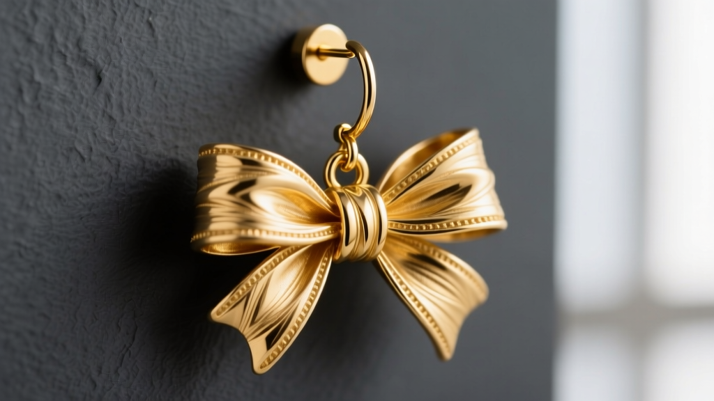 Macro shot of 18k gold bow dangle earrings revealing the articulation jump ring and textured folds on dark slate.