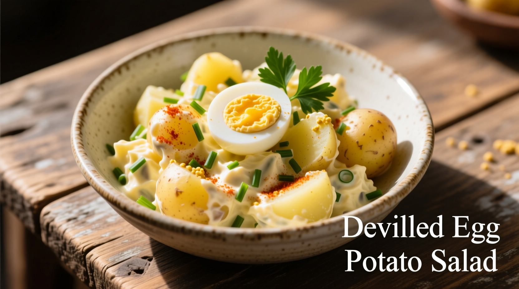 Creamy devilled egg potato salad in serving bowl