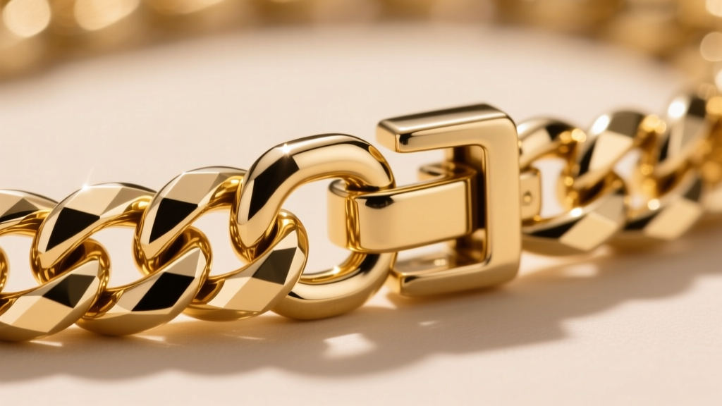 Macro shot of a heavy 14k gold Cuban link chain clasp, showing diamond-cut facets and a secure double-lock box clasp mechanism