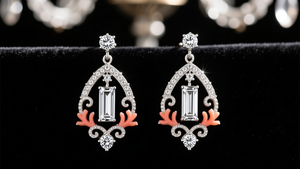 Vintage 1920s platinum chandelier earrings with baguette diamonds and carved coral on dark velvet, macro photography
