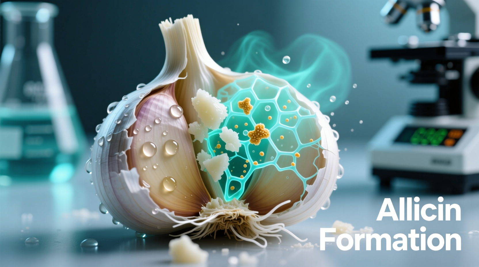 Freshly crushed garlic showing allicin formation process