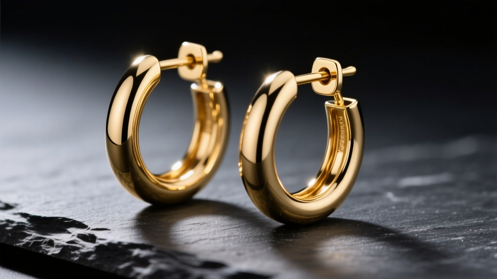 Macro shot of polished 14k gold 50mm hoop earrings on dark slate, highlighting the seamless hinge and bright studio lighting.