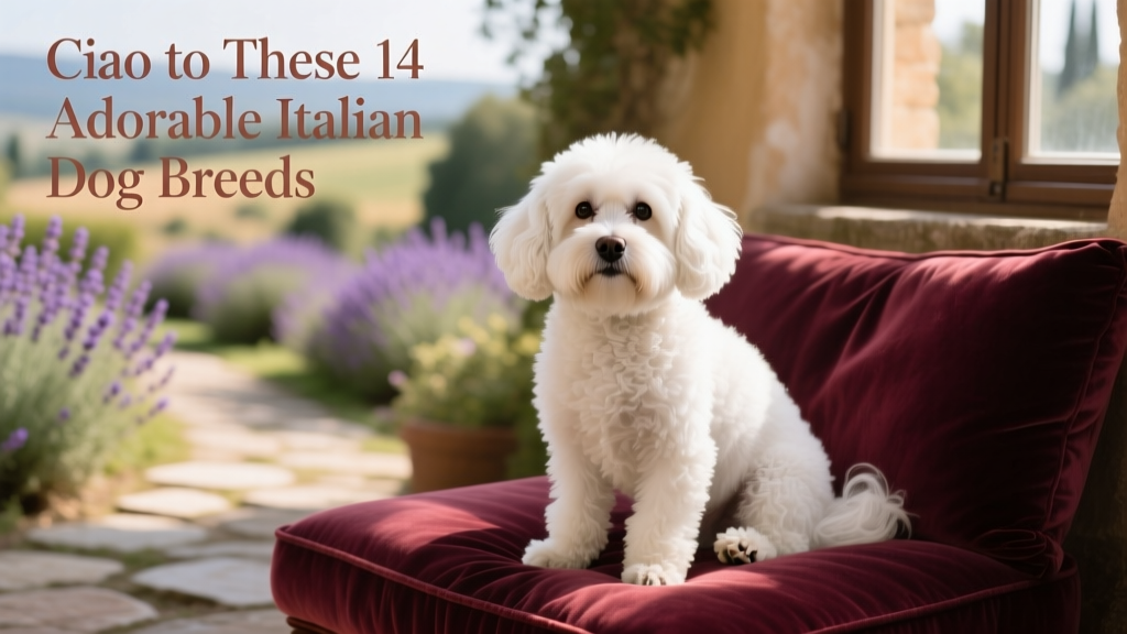 A fluffy white Bolognese dog sitting calmly on a velvet cushion