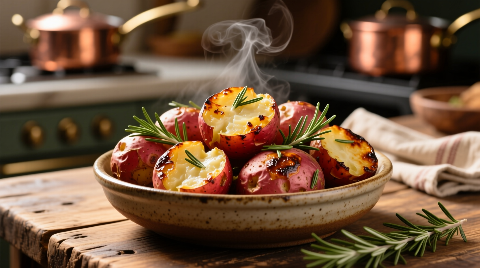 Golden roasted red potatoes with rosemary sprigs