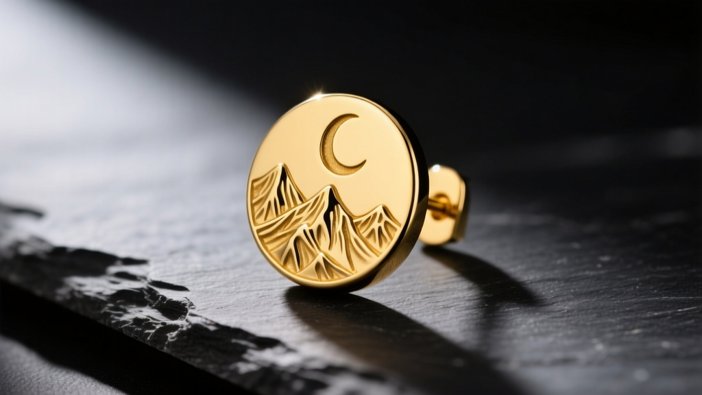 Close-up of a 14k yellow gold earring featuring a textured mountain and crescent moon silhouette resting on a dark slate surface