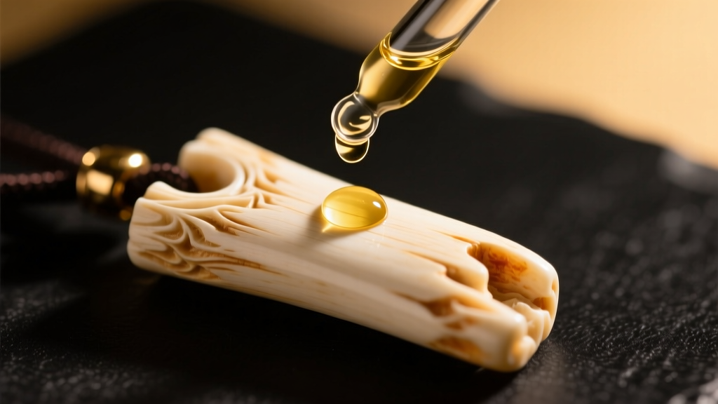 Close-up of a carved organic bone pendant treated with a drop of mineral oil from a glass dropper under warm studio lighting setup
