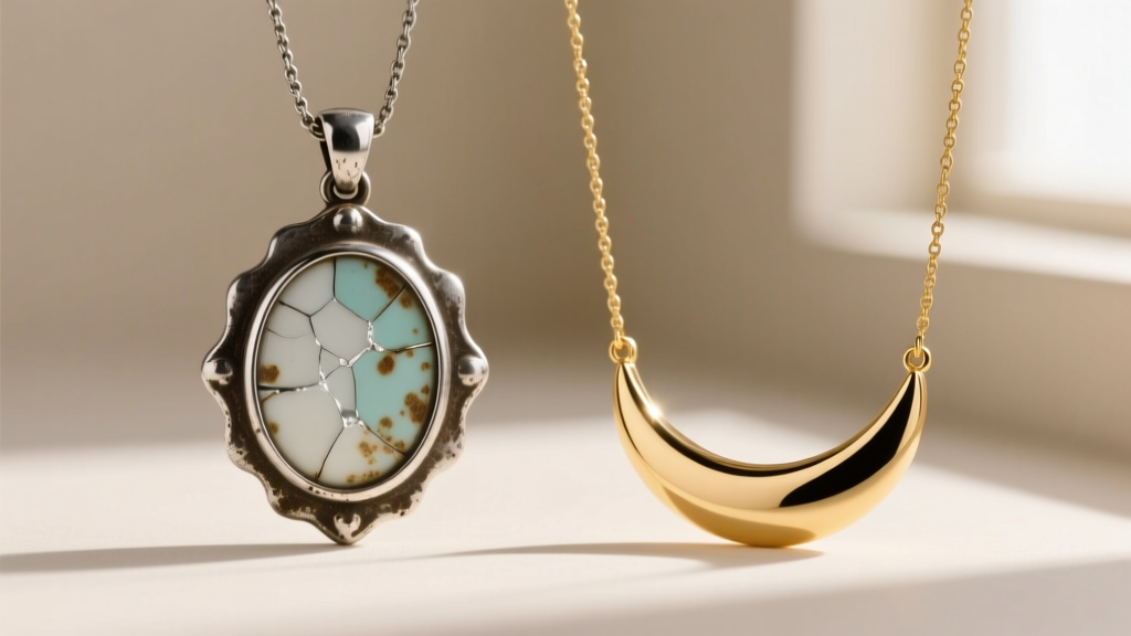 Side-by-side view of a tarnished vintage mood pendant with a cracked bezel next to a pristine modern gold-plated mood necklace.