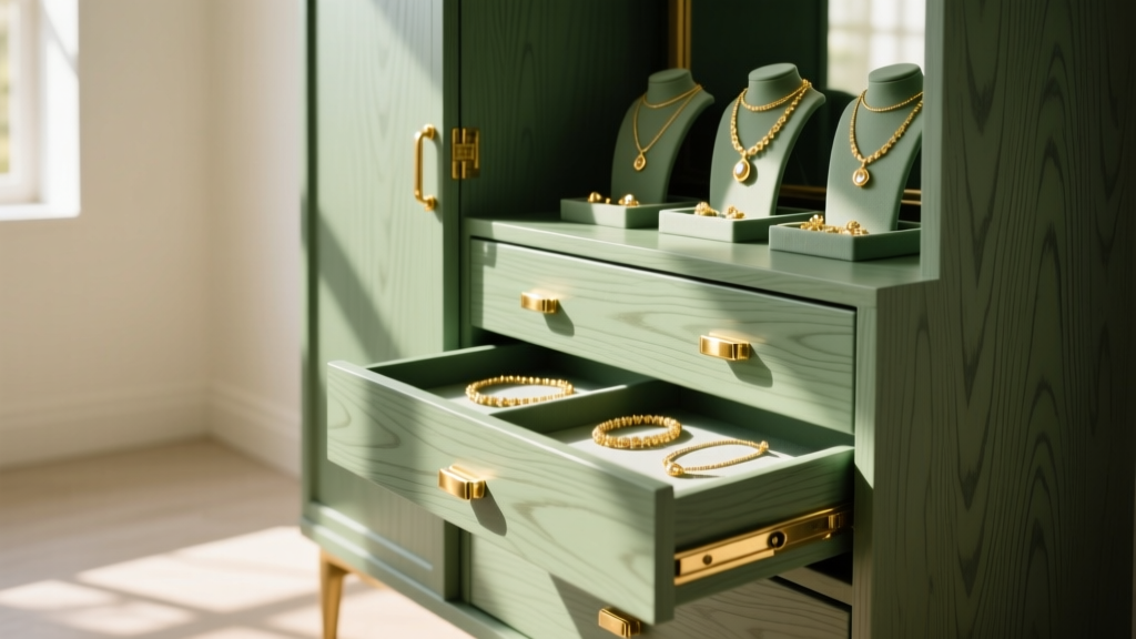 Upcycled sage green jewelry armoire in a sunlit room, featuring brass hardware and open drawers displaying gold necklaces