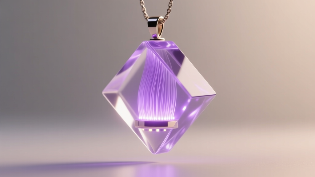 Macro shot of a side-glow fiber optic pendant in clear epoxy resin, emitting soft purple light from a hidden micro-LED base