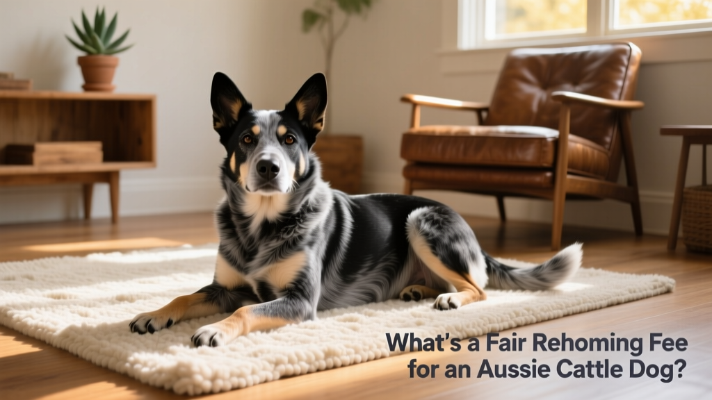 Senior Australian Cattle Dog resting calmly on a cozy rug indoors