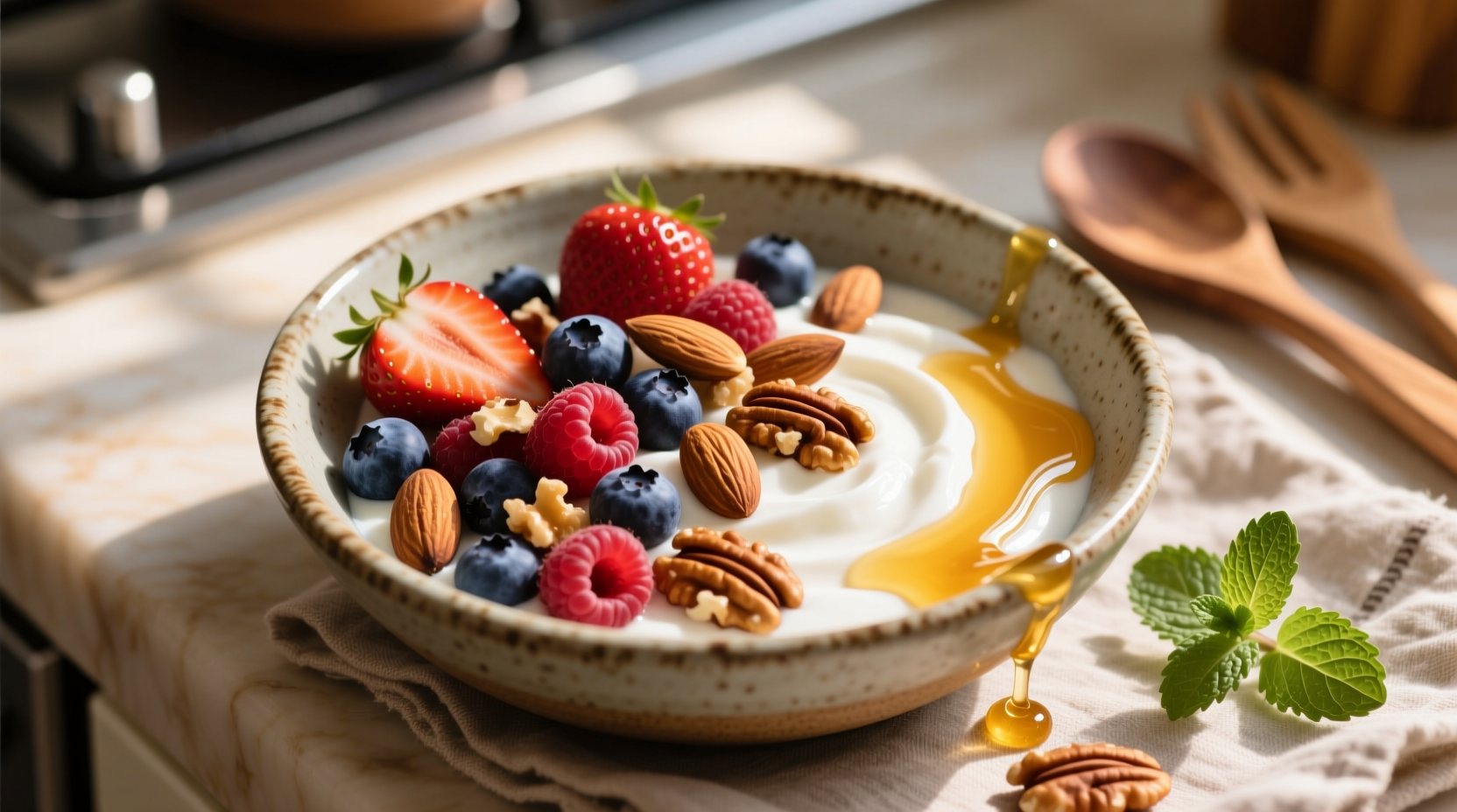 Greek yogurt with fresh berries and nuts in a bowl