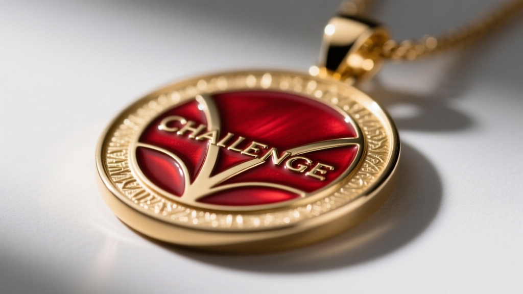 Macro shot of a challenge coin pendant showing recessed soft enamel fill in vibrant red against gold-plated brass metal lines