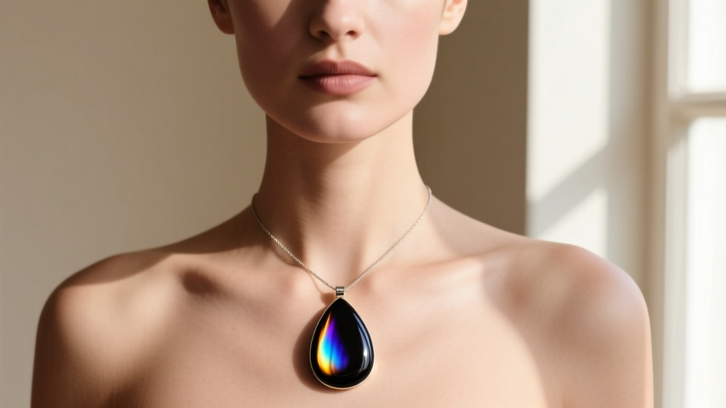 Woman wearing a smooth rainbow obsidian pendant, showing the dark volcanic glass and colorful iridescent flash against her skin