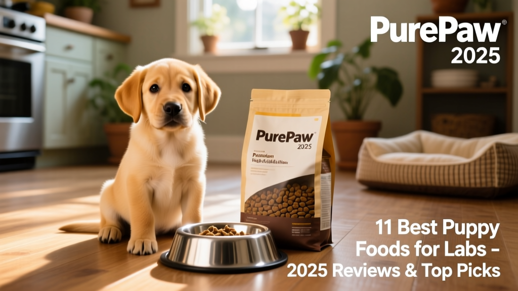 Golden Labrador puppy sitting beside an open bag of high-quality dry kibble and a stainless-steel bowl