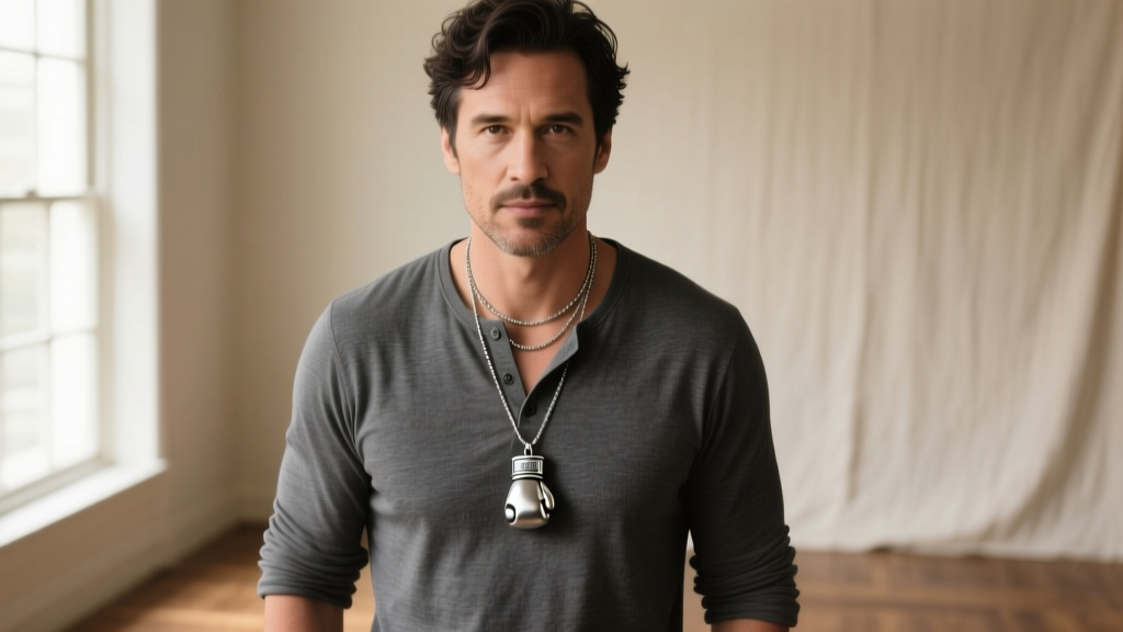Man wearing a layered necklace with a small silver boxing glove pendant over a charcoal grey henley shirt in soft natural lighting