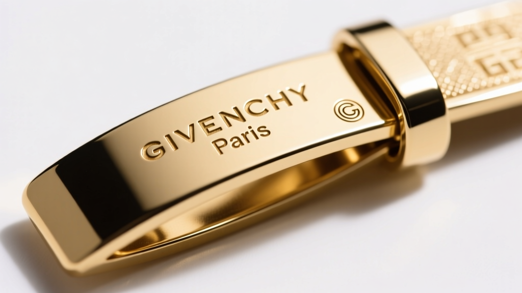 Macro shot of a gold Givenchy clasp showing the engraved Givenchy Paris hallmark and copyright symbol under bright studio lighting.
