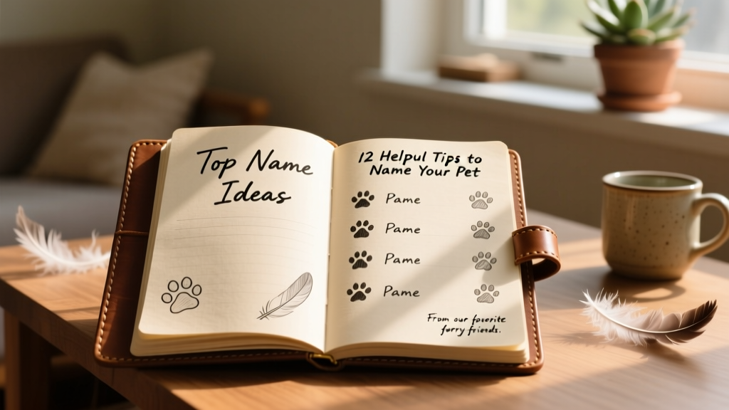 A handwritten notebook open to a page titled 'Top Name Ideas' with light sketches of paws and paw prints beside five neatly written options