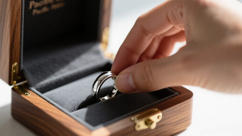 Hands placing a silver ring onto dark grey acid-free Pacific cloth lining inside a custom cedar wood jewelry organizer box.