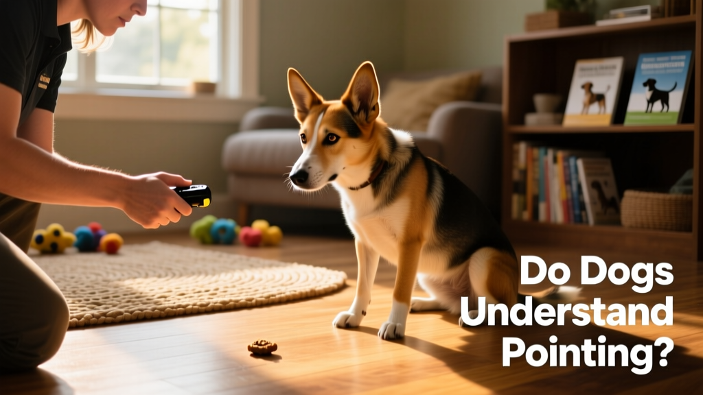 A trainer using a clicker while their dog looks toward a treat placed several feet away