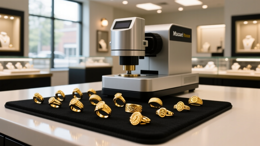 Desktop XRF precious metal analyzer scanning mixed karat gold rings on a black rubber mat in a well-lit Missouri jewelry shop
