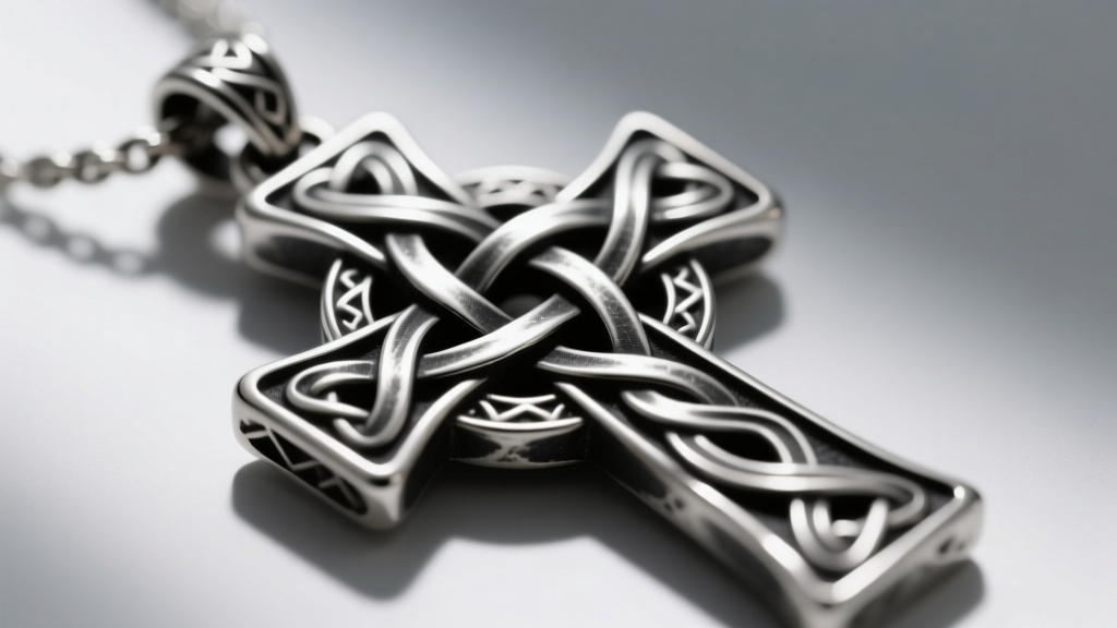 Macro shot of a Celtic knot cross pendant crafted in oxidized sterling silver, highlighting intricate woven metalwork details.
