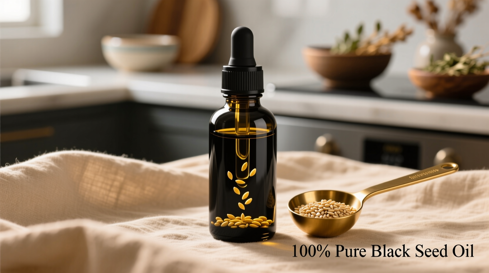Black seed oil bottle with seeds and measuring spoon