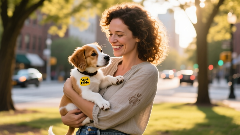 A joyful woman holding a small, tan-and-white puppy in her arms, smiling warmly