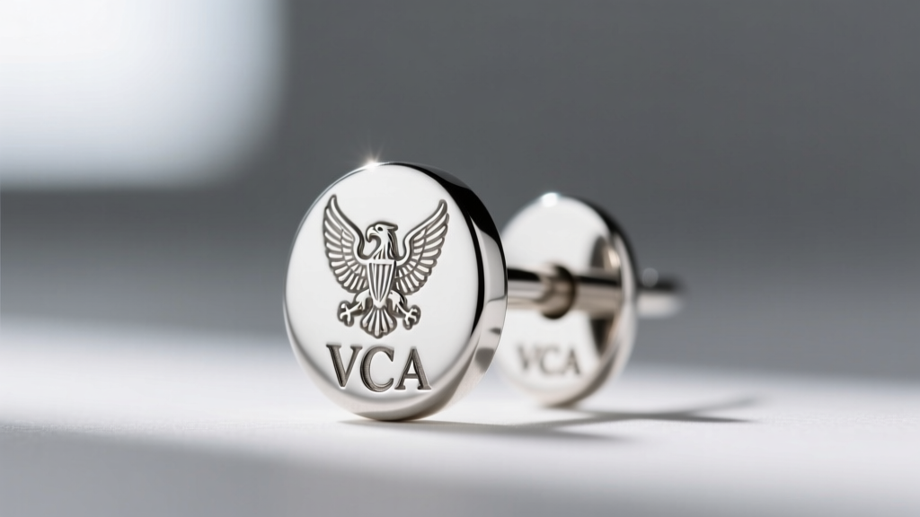 Macro shot of a VCA earring post showing the stamped French eagle hallmark and the VCA maker's mark inside a diamond lozenge.