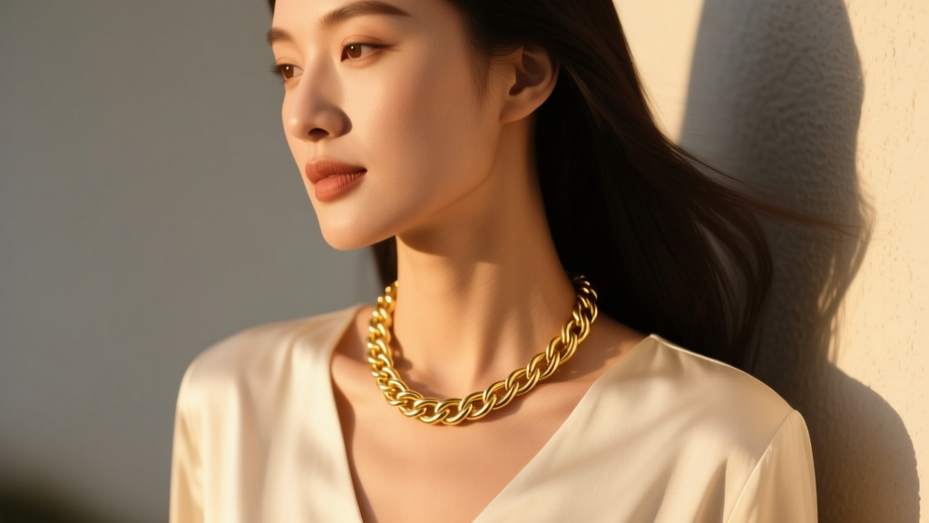 Close-up of a woman wearing a 14k gold 16-inch rope choker with a V-neck silk blouse, warm evening lighting highlighting metal