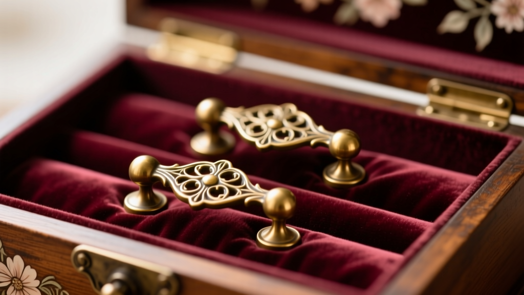 Close-up of antique brass-plated drawer pulls and plush polyester velvet lining inside a vintage-style romantic jewelry organizer
