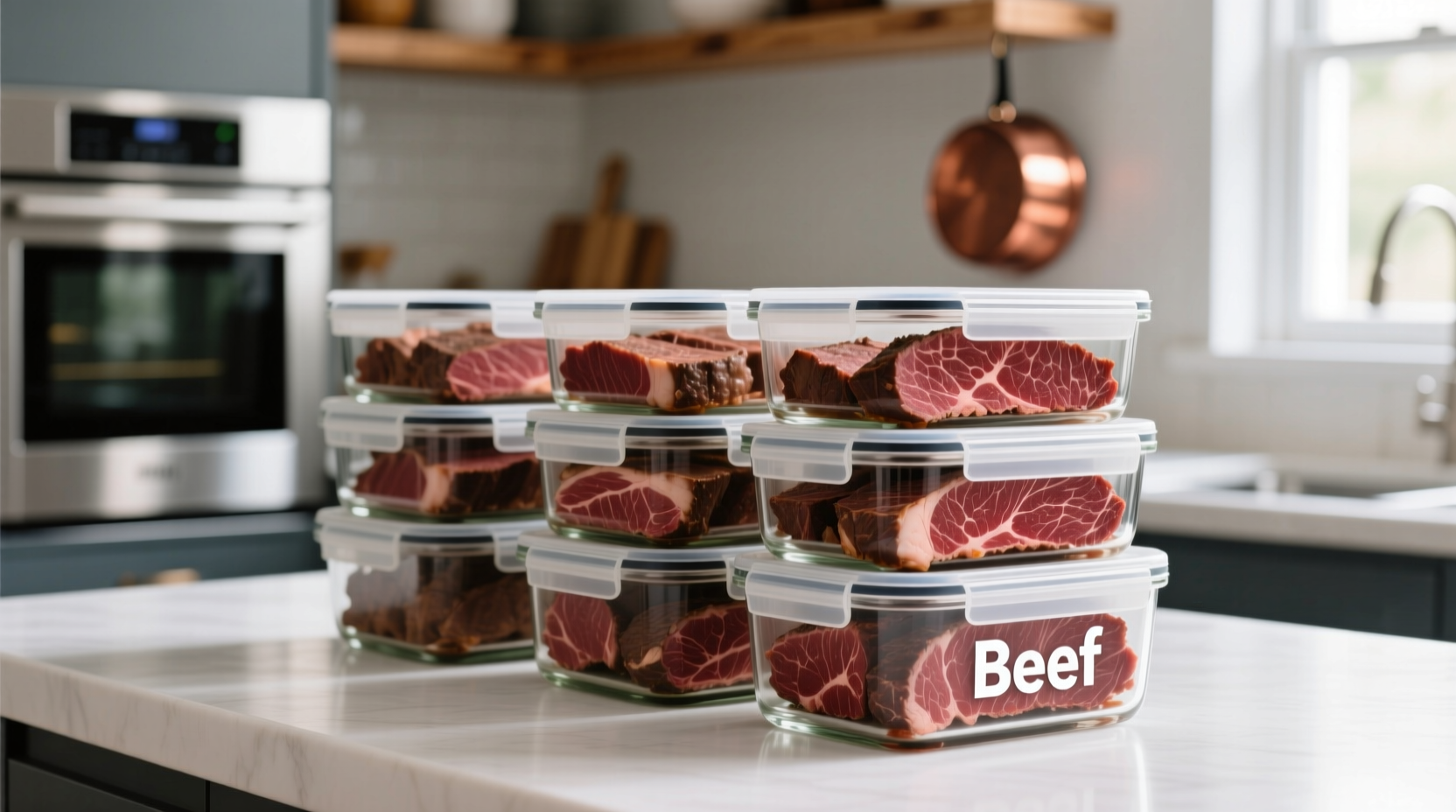Properly stored cooked beef in glass containers