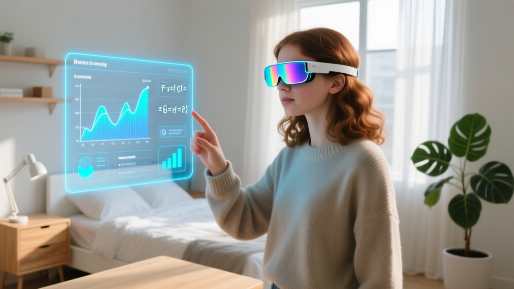 Teenager wearing lightweight augmented reality glasses while interacting with a holographic study interface in a modern bedroom