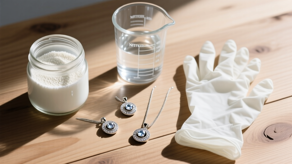 Top-down flat lay of milk preservation powder, glass mixing beaker, sterling silver bezel pendants, and nitrile gloves on wood.