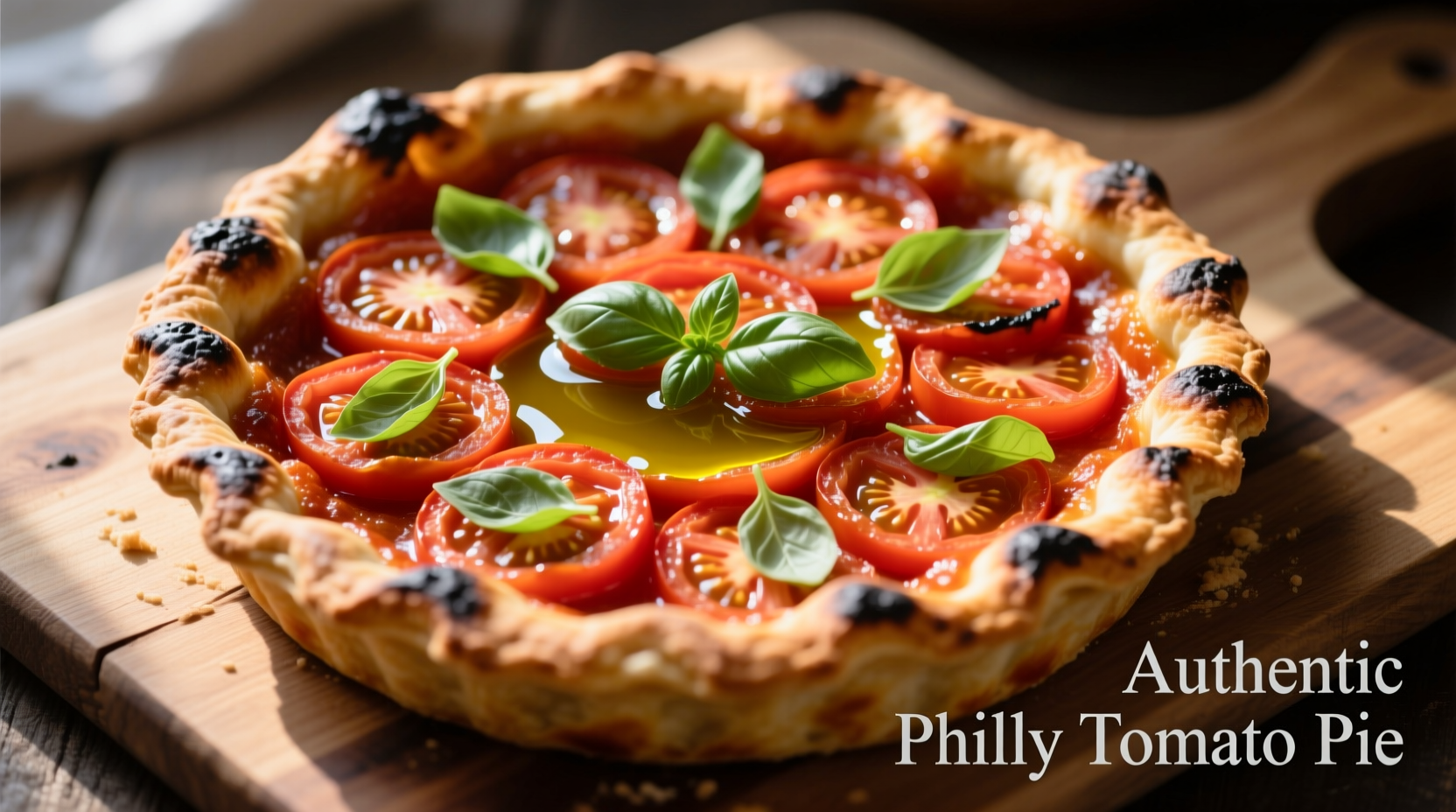 Philadelphia tomato pie with fresh basil garnish