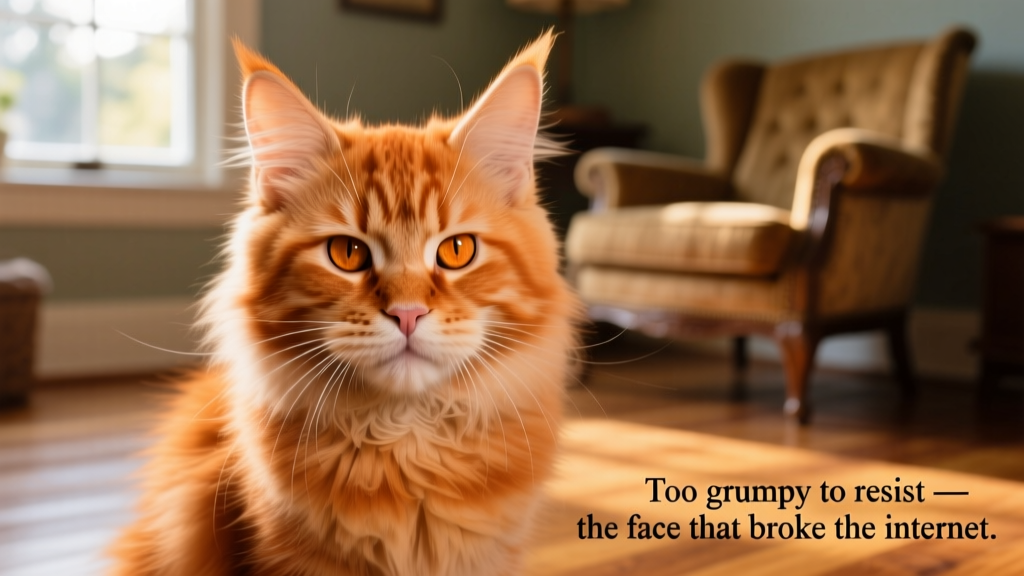 Close-up portrait of an orange Maine Coon kitten with expressive 'grumpy old man' facial features