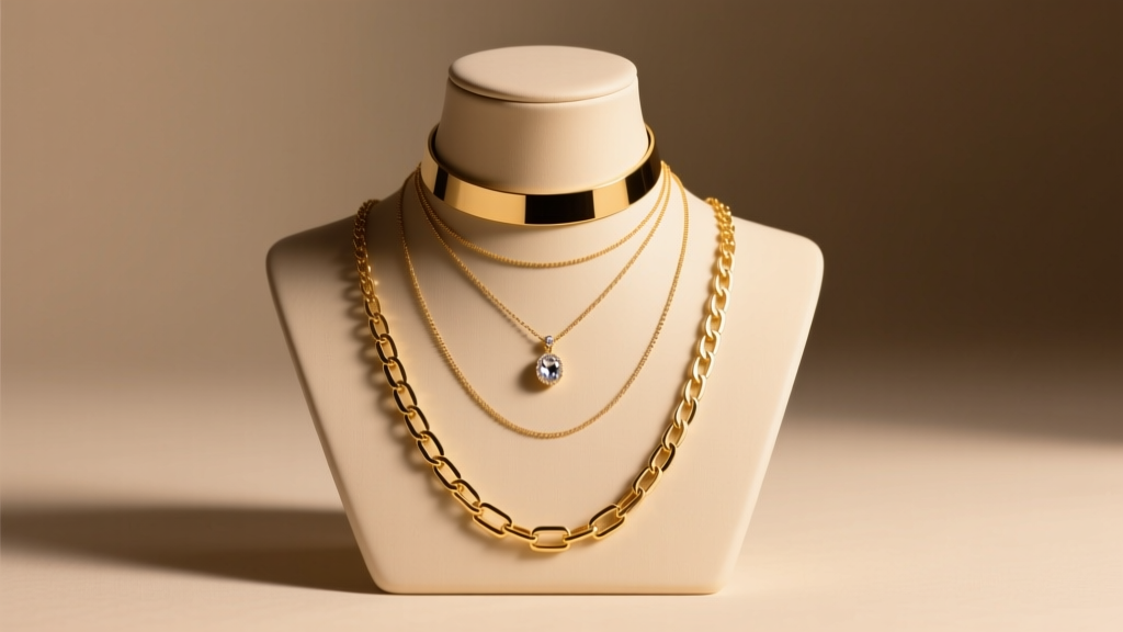 Gold necklaces on a bust showing a 15-inch choker, an 18-inch pendant chain, and a 22-inch box chain in warm studio lighting